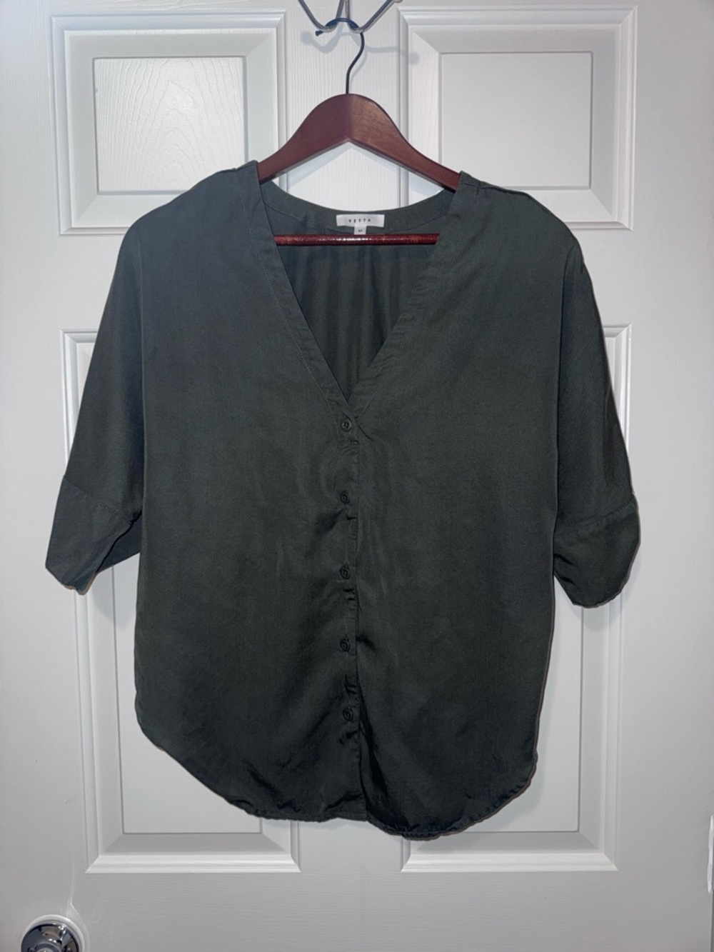 VETTA Dark Olive Button-Front V-Neck Blouse